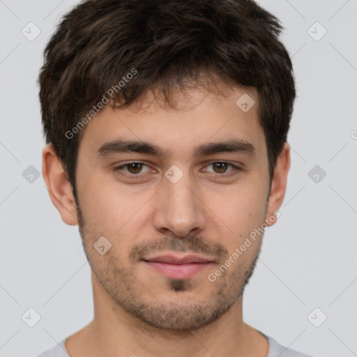 Neutral white young-adult male with short  brown hair and brown eyes