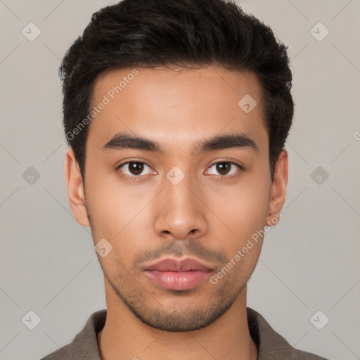 Neutral latino young-adult male with short  black hair and brown eyes