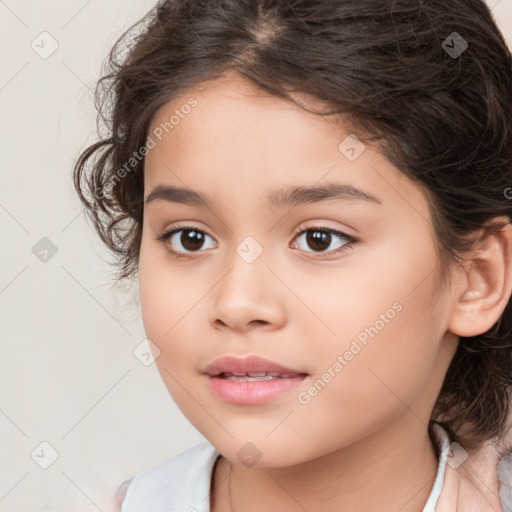 Joyful white child female with medium  brown hair and brown eyes