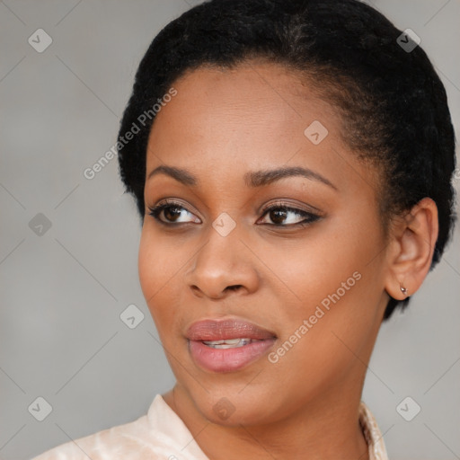 Joyful latino young-adult female with short  brown hair and brown eyes