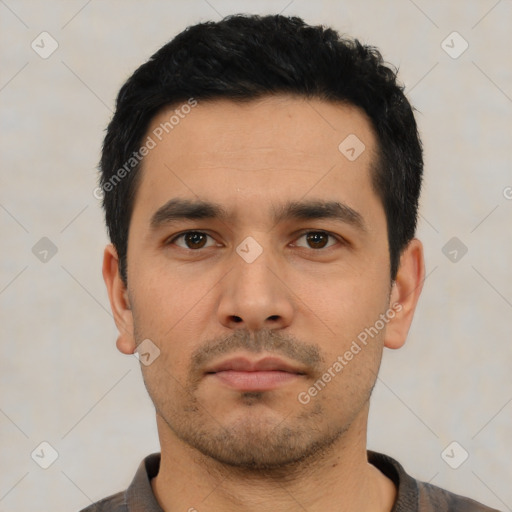 Neutral asian young-adult male with short  black hair and brown eyes