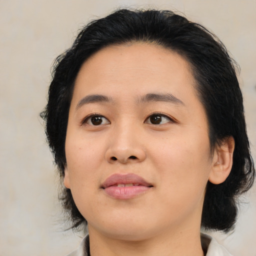 Neutral asian young-adult female with medium  black hair and brown eyes