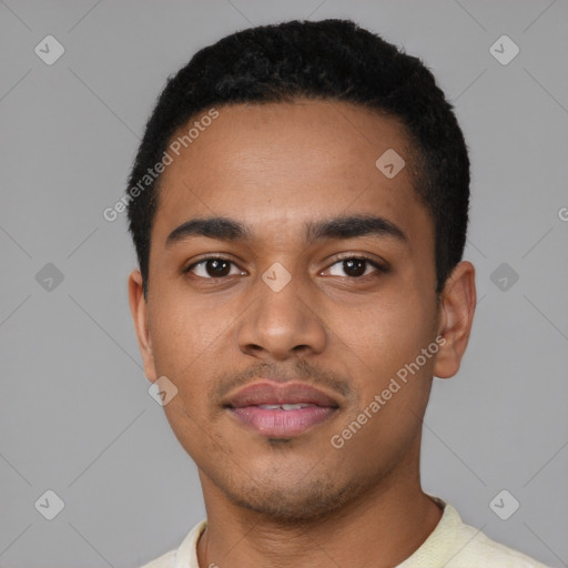 Joyful black young-adult male with short  black hair and brown eyes