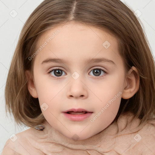 Neutral white child female with medium  brown hair and grey eyes