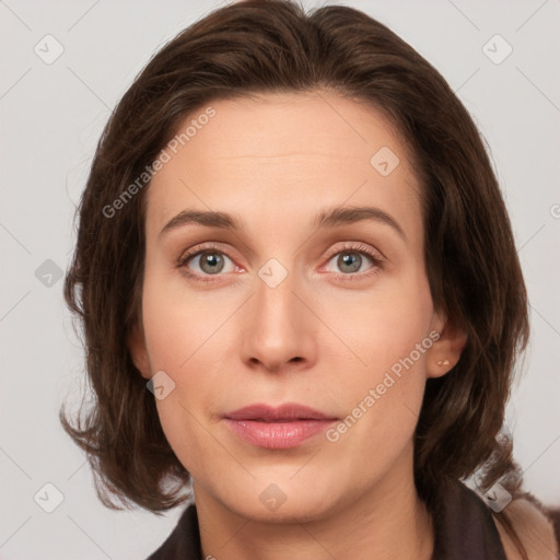 Neutral white young-adult female with medium  brown hair and brown eyes