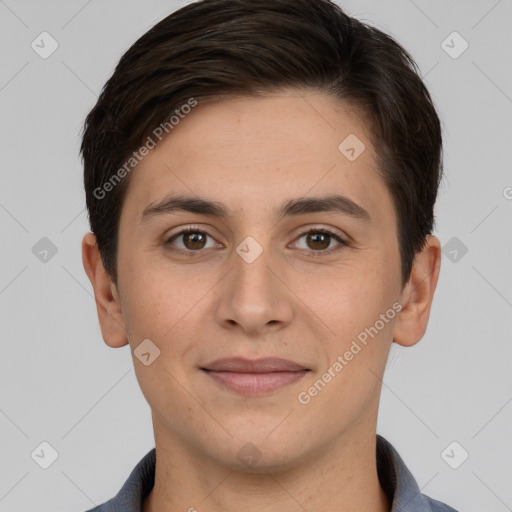 Joyful white young-adult female with short  brown hair and brown eyes