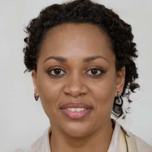 Joyful black adult female with short  brown hair and brown eyes
