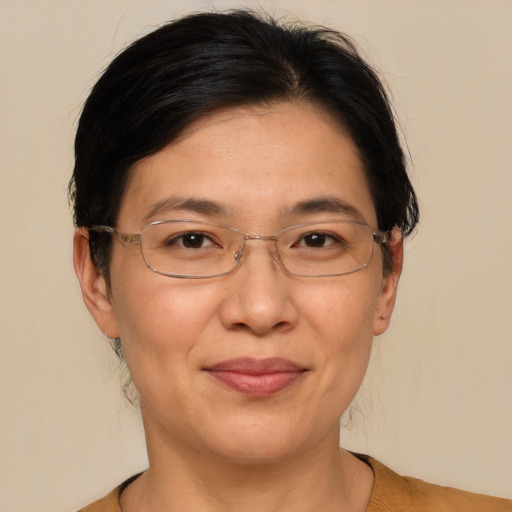 Joyful asian adult female with medium  brown hair and brown eyes