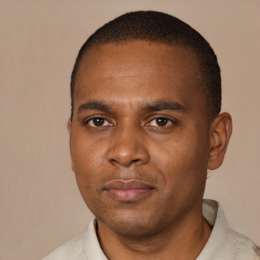 Neutral black adult male with short  brown hair and brown eyes
