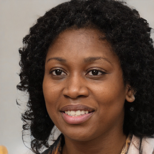 Joyful black young-adult female with medium  black hair and brown eyes