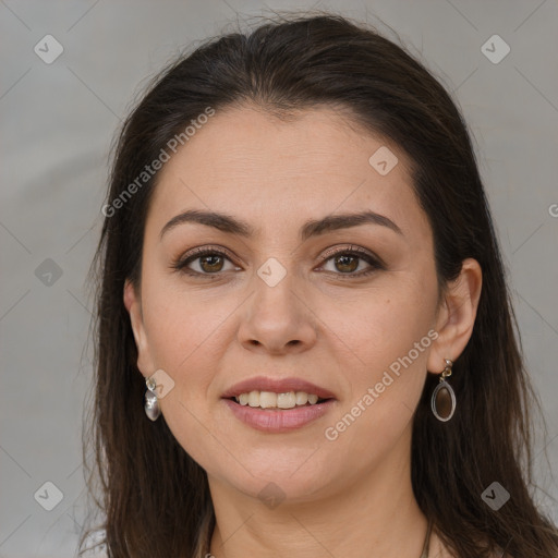 Joyful white young-adult female with long  brown hair and grey eyes