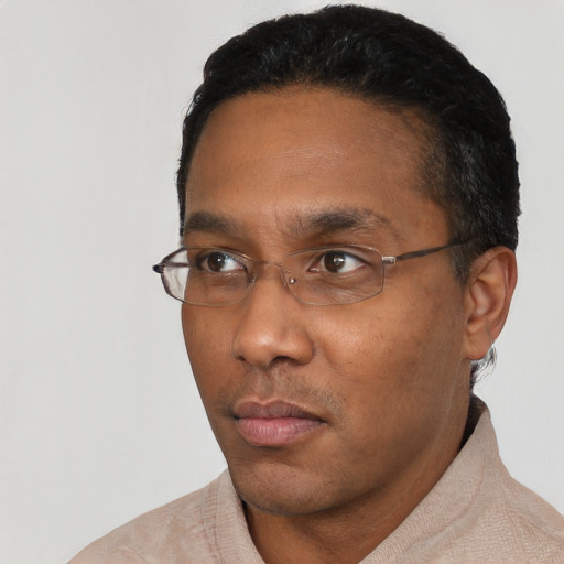 Neutral black adult male with short  black hair and brown eyes