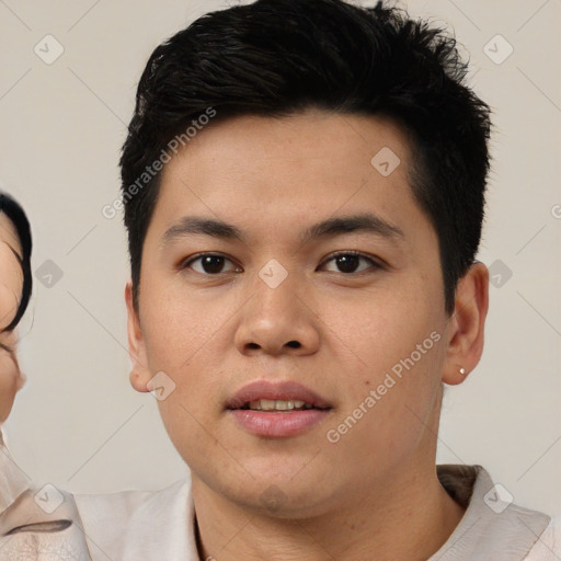 Neutral asian young-adult male with short  black hair and brown eyes