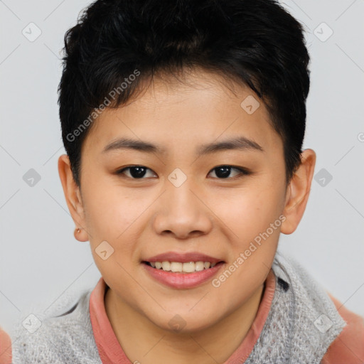 Joyful asian young-adult female with short  brown hair and brown eyes