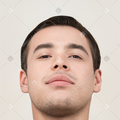 Neutral white young-adult male with short  brown hair and brown eyes