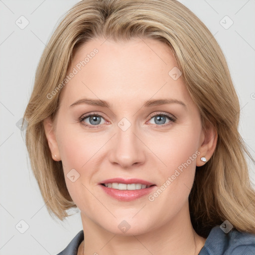 Joyful white young-adult female with medium  brown hair and blue eyes