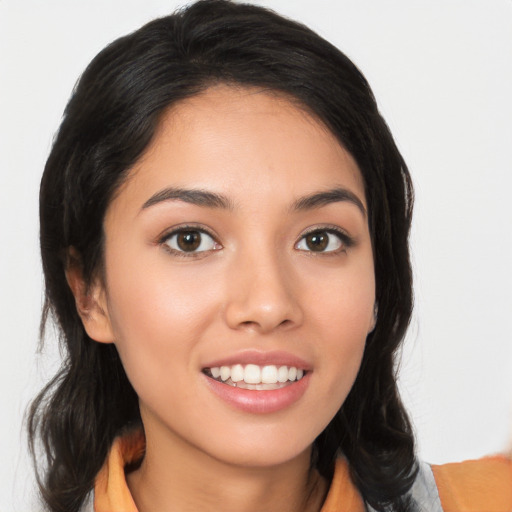 Joyful white young-adult female with medium  black hair and brown eyes