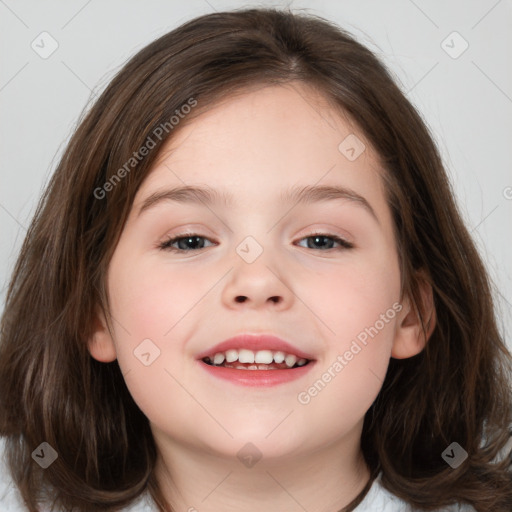 Joyful white child female with medium  brown hair and brown eyes