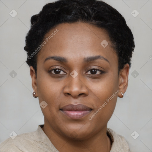 Joyful latino young-adult female with short  black hair and brown eyes