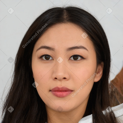 Neutral asian young-adult female with long  brown hair and brown eyes