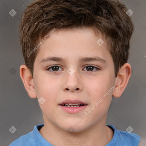 Joyful white child male with short  brown hair and brown eyes