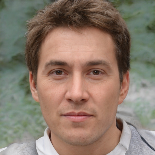 Neutral white adult male with short  brown hair and brown eyes