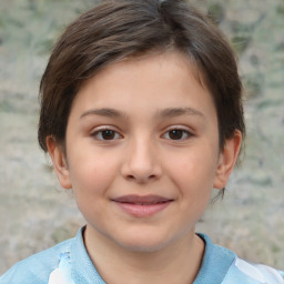 Joyful white child female with short  brown hair and brown eyes