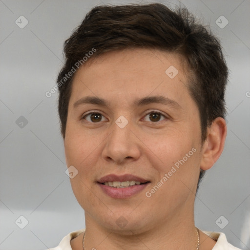 Joyful white adult female with short  brown hair and brown eyes