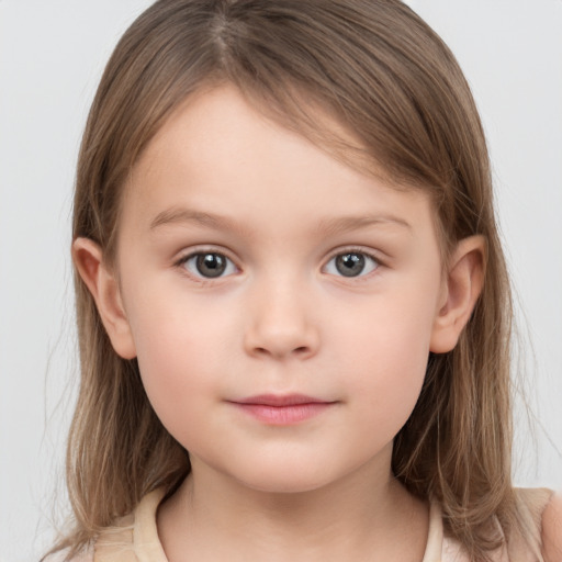 Neutral white child female with medium  brown hair and grey eyes