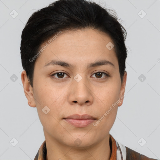 Neutral asian young-adult female with short  brown hair and brown eyes