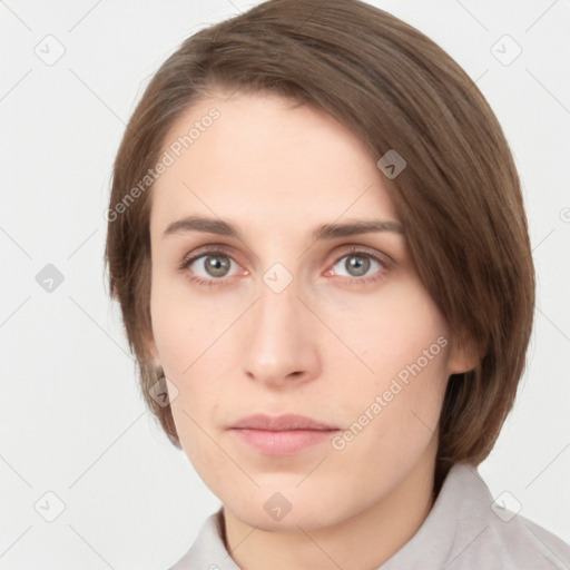 Neutral white young-adult female with medium  brown hair and grey eyes