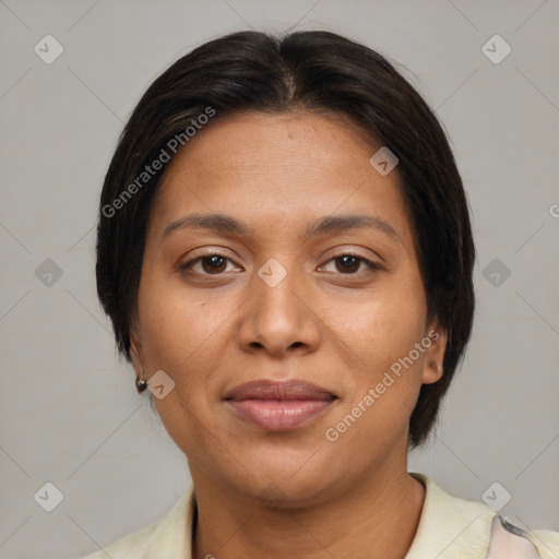 Joyful latino young-adult female with medium  brown hair and brown eyes