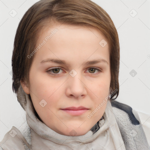 Neutral white young-adult female with medium  brown hair and grey eyes