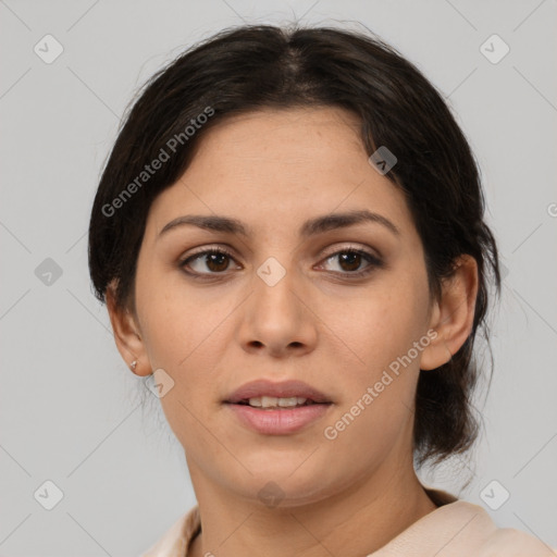 Joyful white young-adult female with medium  brown hair and brown eyes