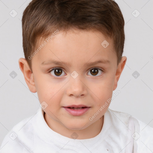 Joyful white child male with short  brown hair and brown eyes