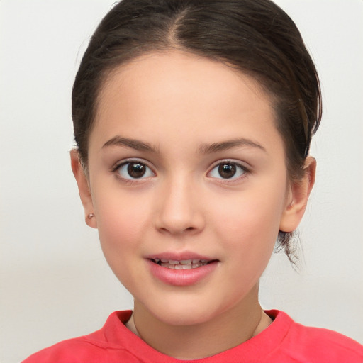 Joyful white child female with medium  brown hair and brown eyes