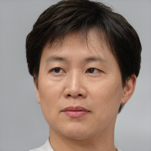 Joyful asian adult male with short  brown hair and brown eyes