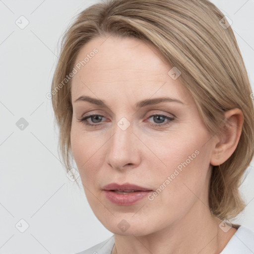 Neutral white young-adult female with medium  brown hair and grey eyes