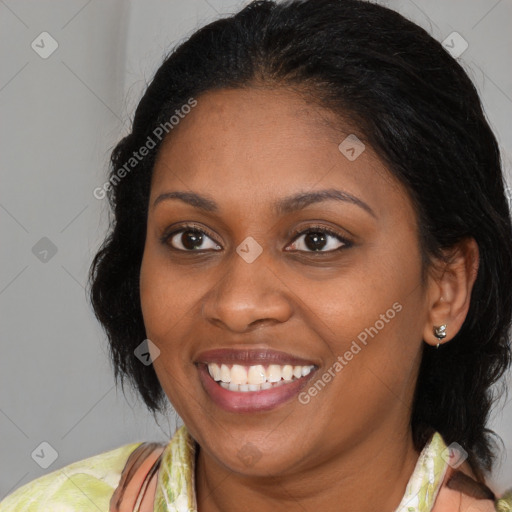 Joyful black young-adult female with medium  brown hair and brown eyes