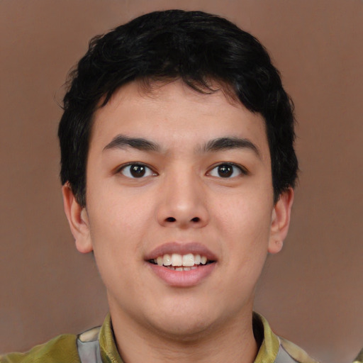 Joyful asian young-adult male with short  brown hair and brown eyes