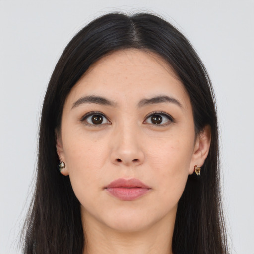 Neutral asian young-adult female with long  brown hair and brown eyes