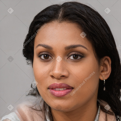 Joyful latino young-adult female with medium  brown hair and brown eyes