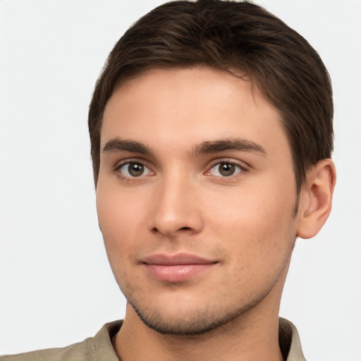 Neutral white young-adult male with short  brown hair and brown eyes