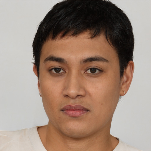 Neutral latino young-adult male with short  black hair and brown eyes