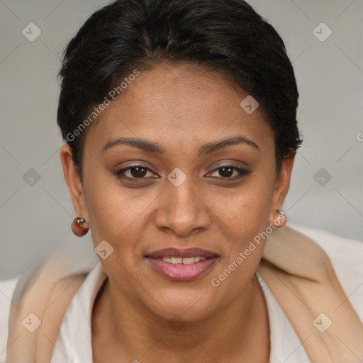 Joyful latino young-adult female with short  brown hair and brown eyes