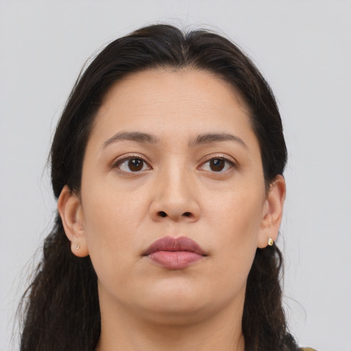 Neutral asian young-adult female with long  brown hair and brown eyes
