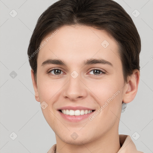 Joyful white young-adult female with short  brown hair and brown eyes