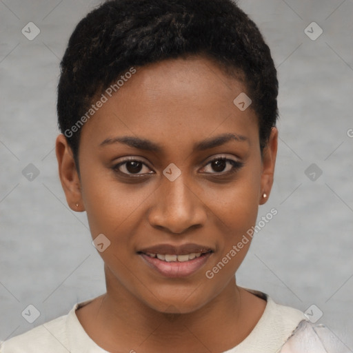 Joyful black young-adult female with short  brown hair and brown eyes