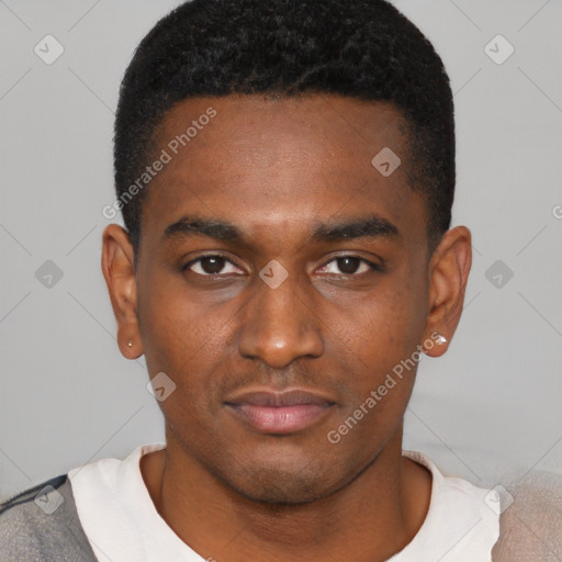 Neutral black young-adult male with short  black hair and brown eyes