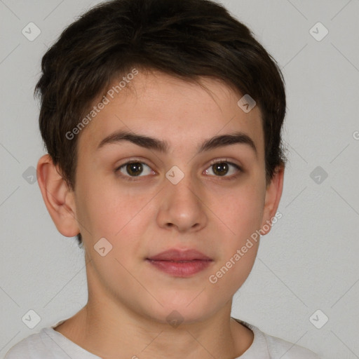 Neutral white young-adult female with short  brown hair and brown eyes